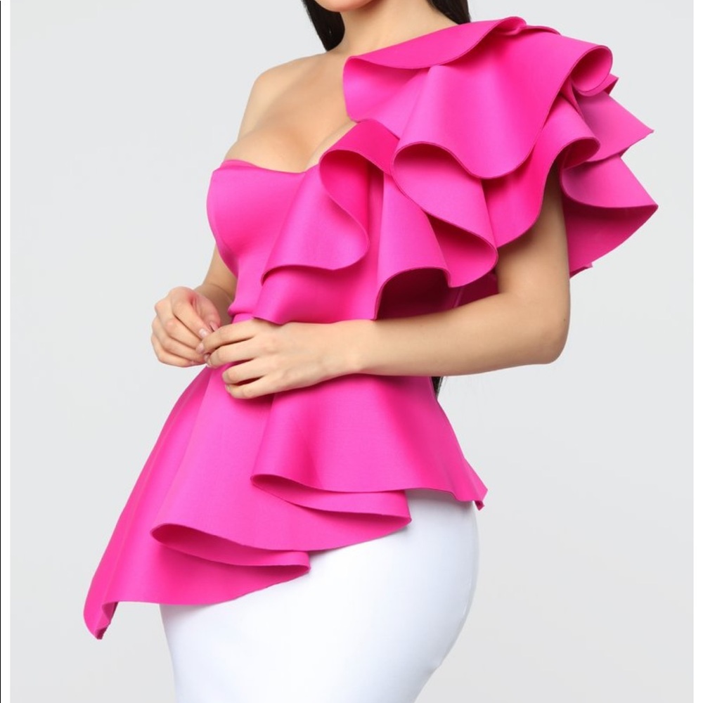 One shoulder one sleeve ruffle top fushia